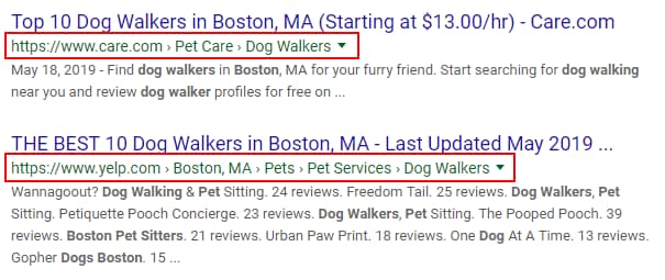 Shows the first two search results in Google after searching for Boston dog walker. Results are Care.com and Yelp.com