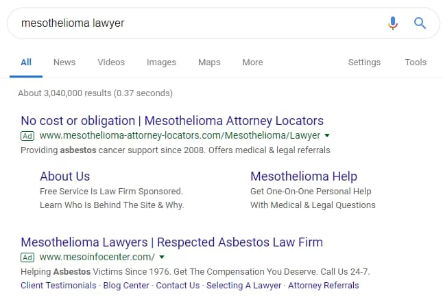 Shows the top of the Google search result for mesothelioma lawyer which is where the ads are displayed. The two ads displayed are for mesothelioma-attornery-locators.com and mesoinfocenter.com.