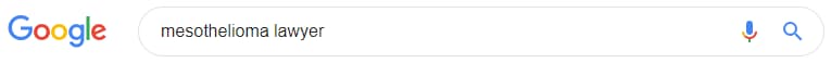 Shows a Google search bar with mesothelioma lawyer typed in.