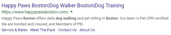 Shows the third Google result for the same search which is happypawsboston.com.