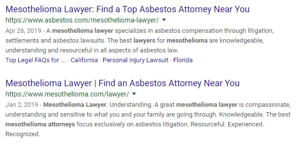 Shows the first two Google search results for mesothelioma lawyer: asbestos.com and mesothelioma.com.