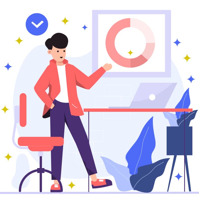 Trendy animated man pointing toward a graph.