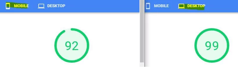 Google speed test score for GroovePages. 92 on mobile. 99 on desktop.