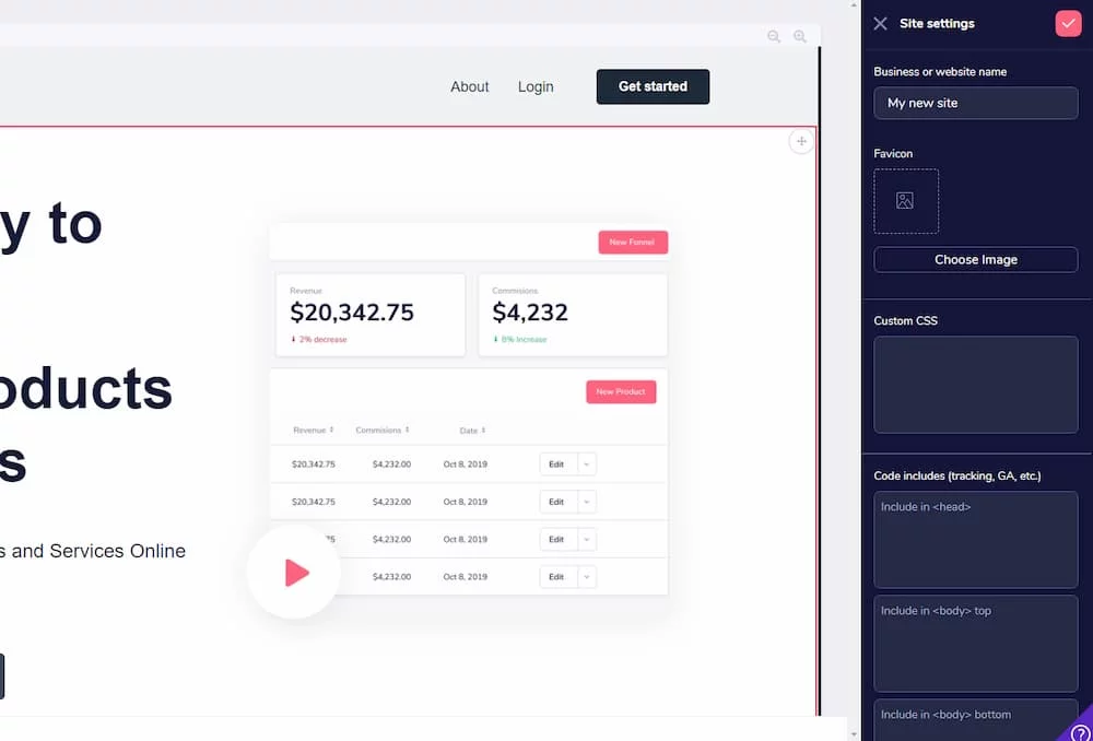 SEO settings available in the page builder.